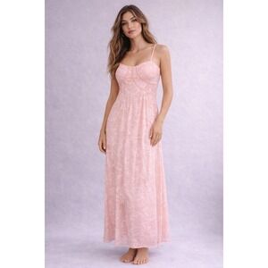 Pink Lace Maxi Dress Spaghetti Straps Corset Back Floral Size XXS